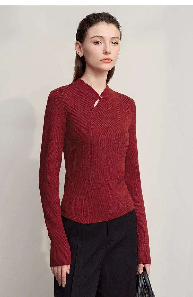 Bordeauxroter Damenpullover mit Cheongsam-Kragen und Knopf, schmaler Schnitt, lange Ärmel