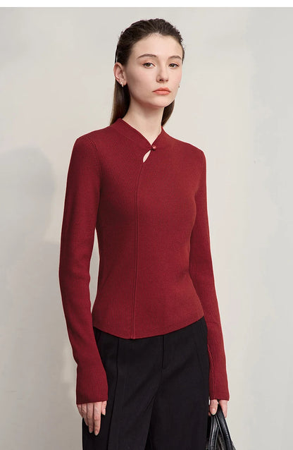Bordeauxroter Damenpullover mit Cheongsam-Kragen und Knopf, schmaler Schnitt, lange Ärmel