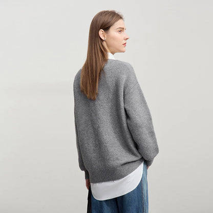 AMII Damenpullover, grau meliert, langarm, lockere Passform, mit Hemdkragen darunter