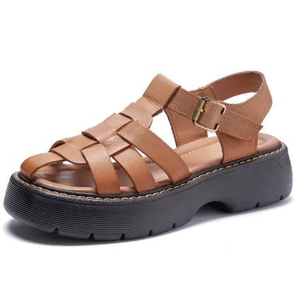 AIYUQI Sandalen Frauen Sommer 2025, Neue Echtes Leder Baotou Römischen Sandalen Damen Retro Hohl Gewebt Frauen Sandalen