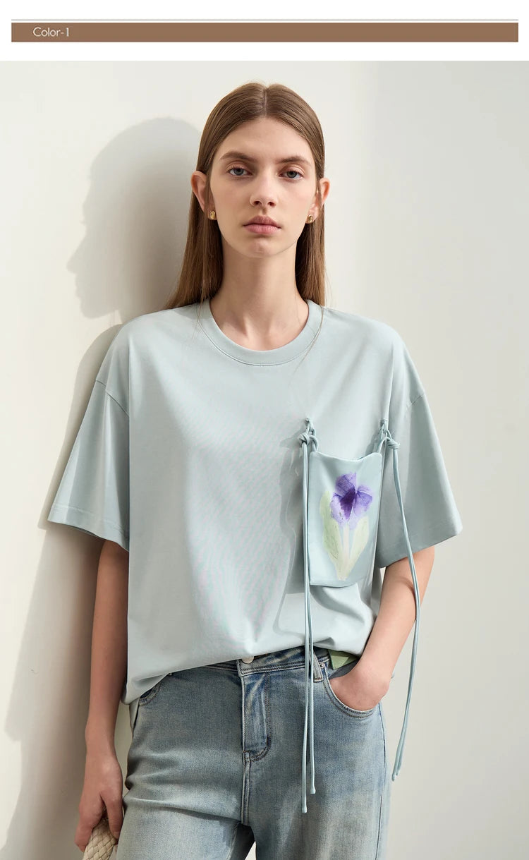 Damen T-Shirt im Minimalismus-Stil mit Taschen und elastischem O-Neck
