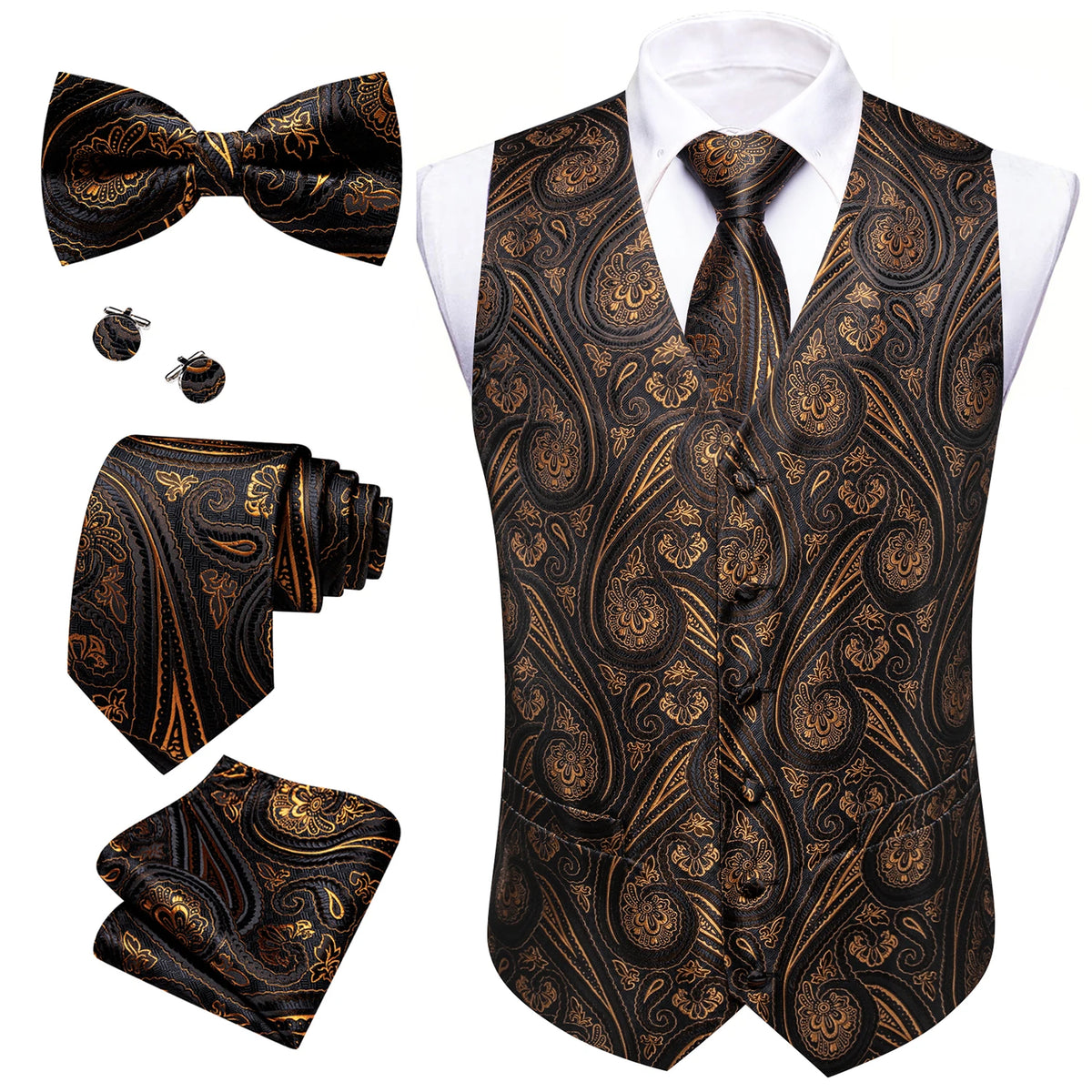 Anzugweste-Set mit Paisley-Muster in Schwarz mit Gold, mit Krawatte, Fliege und Einstecktuch