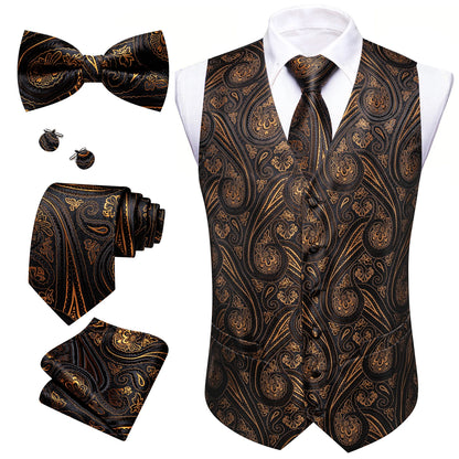 Anzugweste-Set mit Paisley-Muster in Schwarz mit Gold, mit Krawatte, Fliege und Einstecktuch