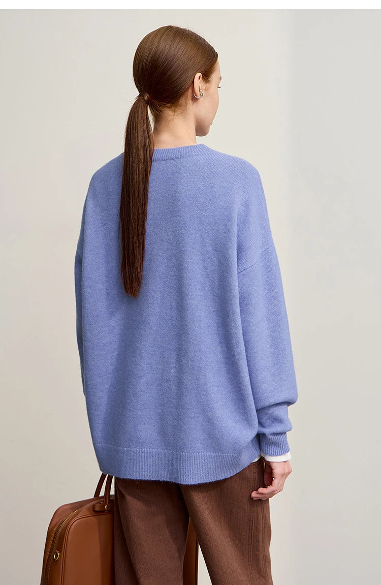 Minimalistischer Damen-Strickpullover, blau, Rückansicht, gerippte Abschlüsse