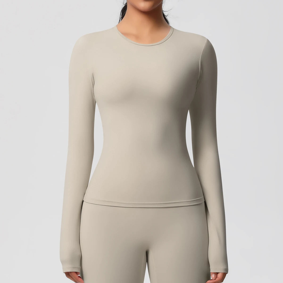 Damen-Langarm-Workout-Top, eng anliegend, beige, Rundhalsausschnitt