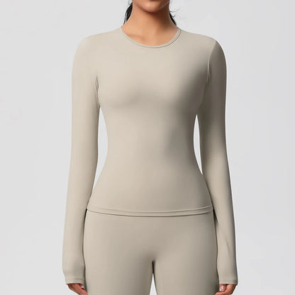 Damen-Langarm-Workout-Top, eng anliegend, beige, Rundhalsausschnitt