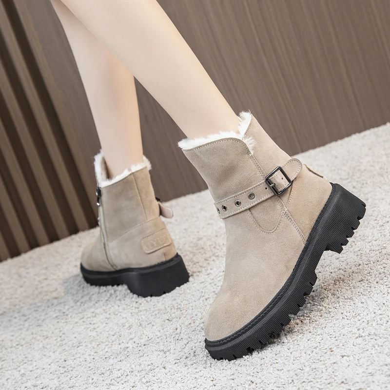 AIYUQI Women's Snow Boots Suede Genuinen Leather New Large Size Thick Warm Women Winter Boots Casual Women's Ankle Boots