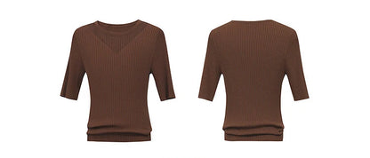 Damen-Rundhalspullover Mesh-Panel Slim Kurzarm Viskose Sommer