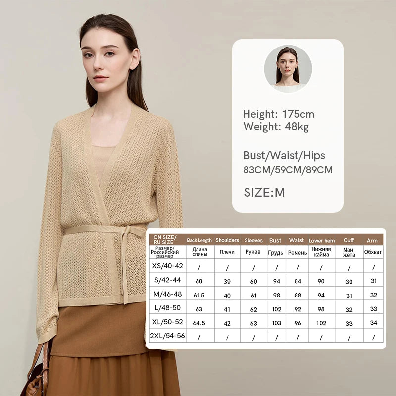 Damen-Strickjacke Lyocell V-Ausschnitt Glockenärmel Gürtel locker Frühling