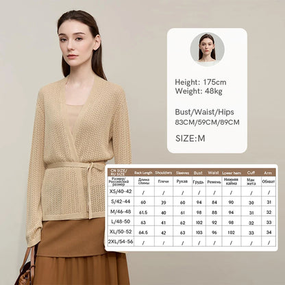 Damen-Strickjacke Lyocell V-Ausschnitt Glockenärmel Gürtel locker Frühling