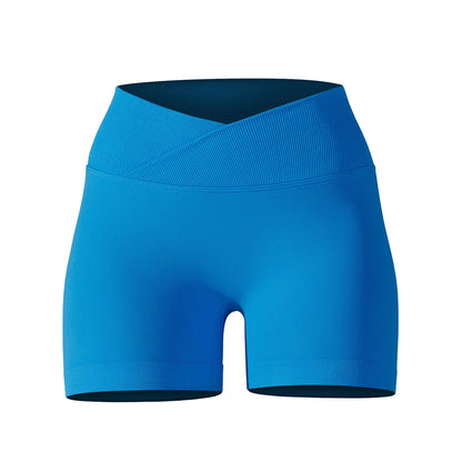 Nahtlose Yoga-Shorts in Blau, Vorderansicht mit Aussparung und breitem Bund