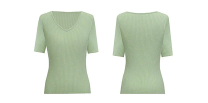 Damen V-Ausschnitt Pullover gerippt Kurzarm Viskose Büro Sommer