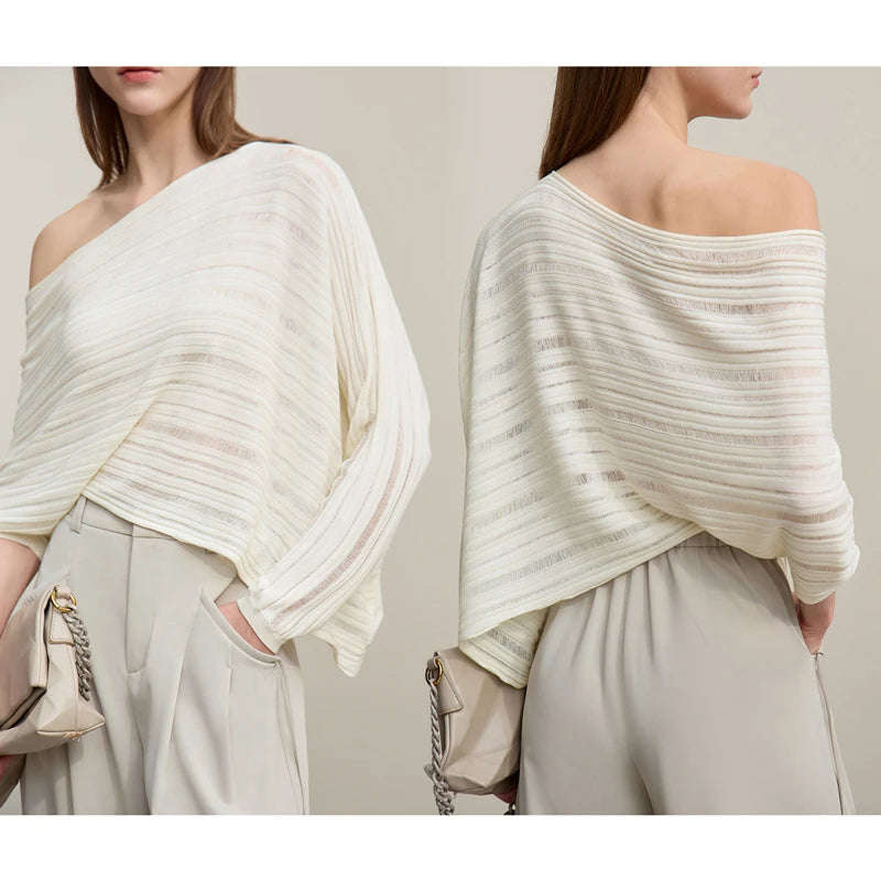Beiger Crop-Strickpullover: asymmetrische schulterfreie Schulterpartie, lange Ärmel