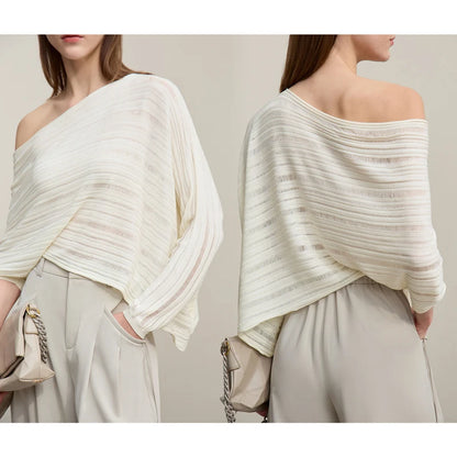 Beiger Crop-Strickpullover: asymmetrische schulterfreie Schulterpartie, lange Ärmel