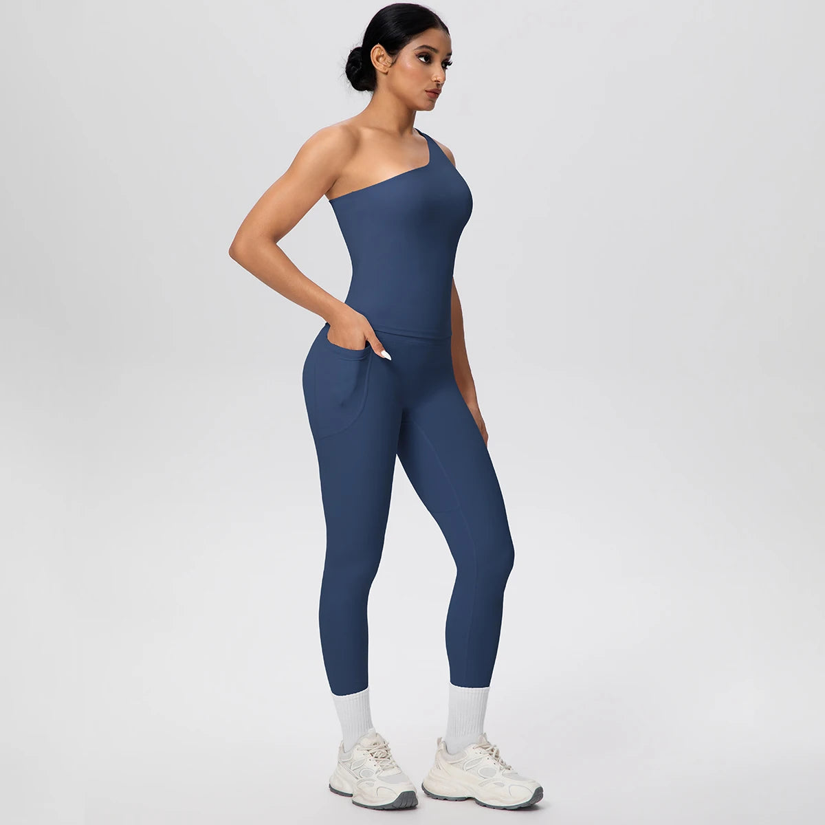 Yoga-Set aus ärmellosem Top und Leggings, dunkelblau mit hellem Beinabschluss