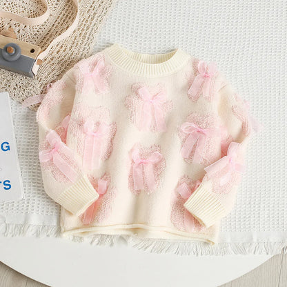 Mädchen Pullover aus gestricktem Material mit süßem Bär und Bogen