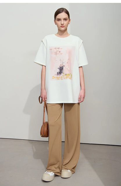 Damen T-Shirt im minimalistischen Stil mit lässigem O-Ausschnitt und Kunstdruck