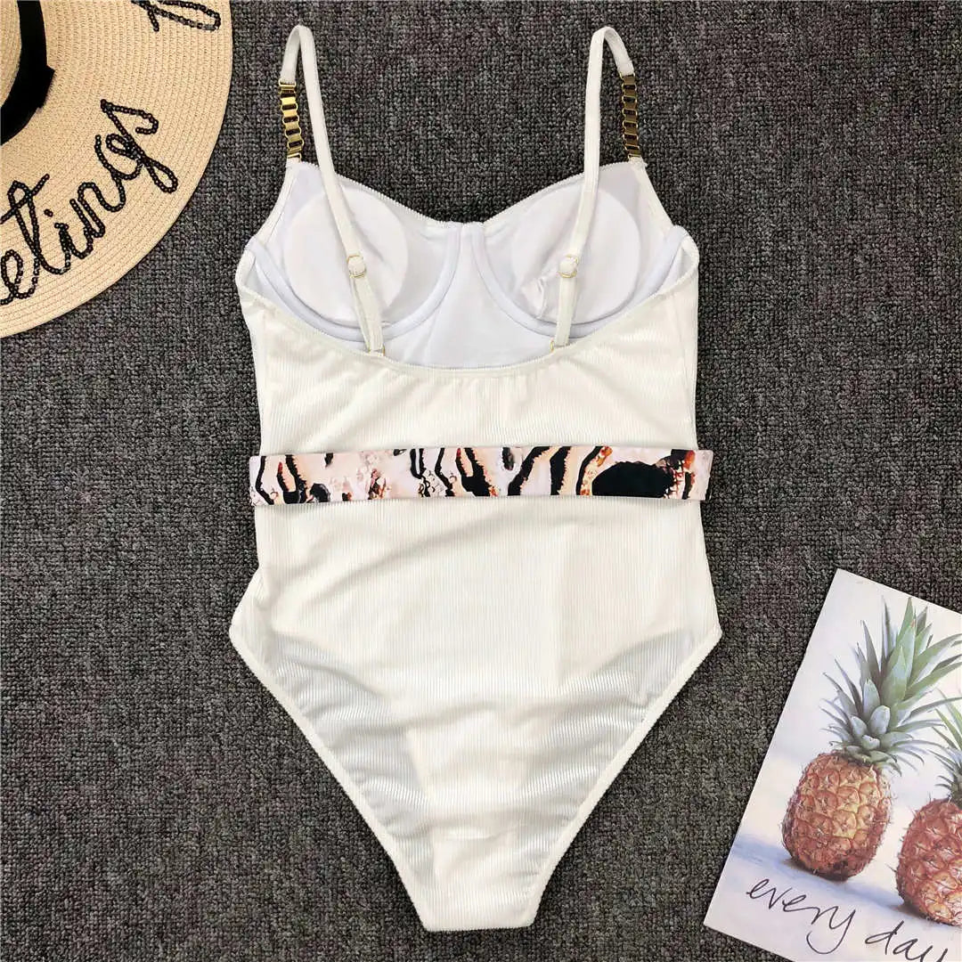 Damen-Badeanzug Rippe Gürtel High-Cut Bodysuit einteilig