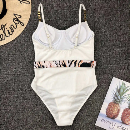 Damen-Badeanzug Rippe Gürtel High-Cut Bodysuit einteilig
