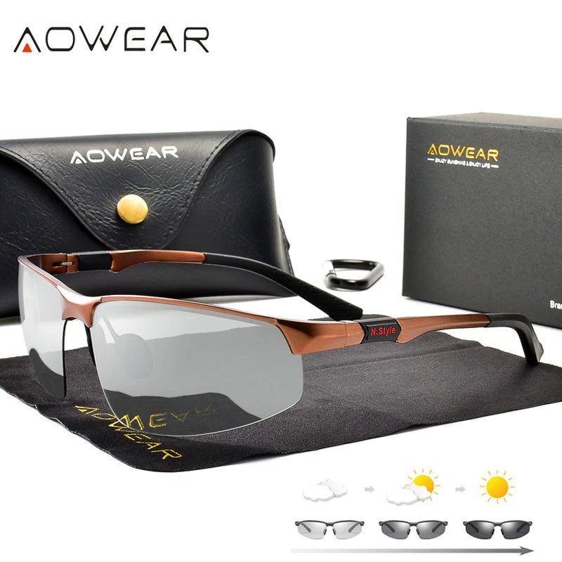 AOWEAR Photochrome polarisierte randlose Sonnenbrille für Herren, Tag und Nacht, Fahren, Chamäleon-Brille, Autofahrer, blendfreie Brille
