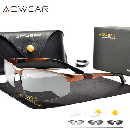 AOWEAR Photochrome polarisierte randlose Sonnenbrille für Herren, Tag und Nacht, Fahren, Chamäleon-Brille, Autofahrer, blendfreie Brille