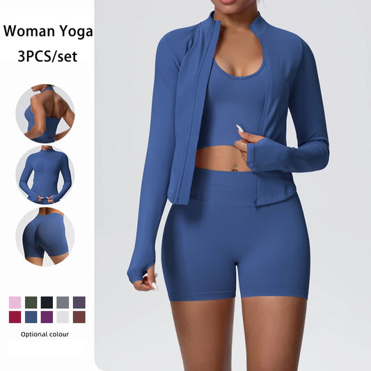 Damen-Yoga-Set in Blau: Jacke mit Frontreißverschluss, Top und Shorts