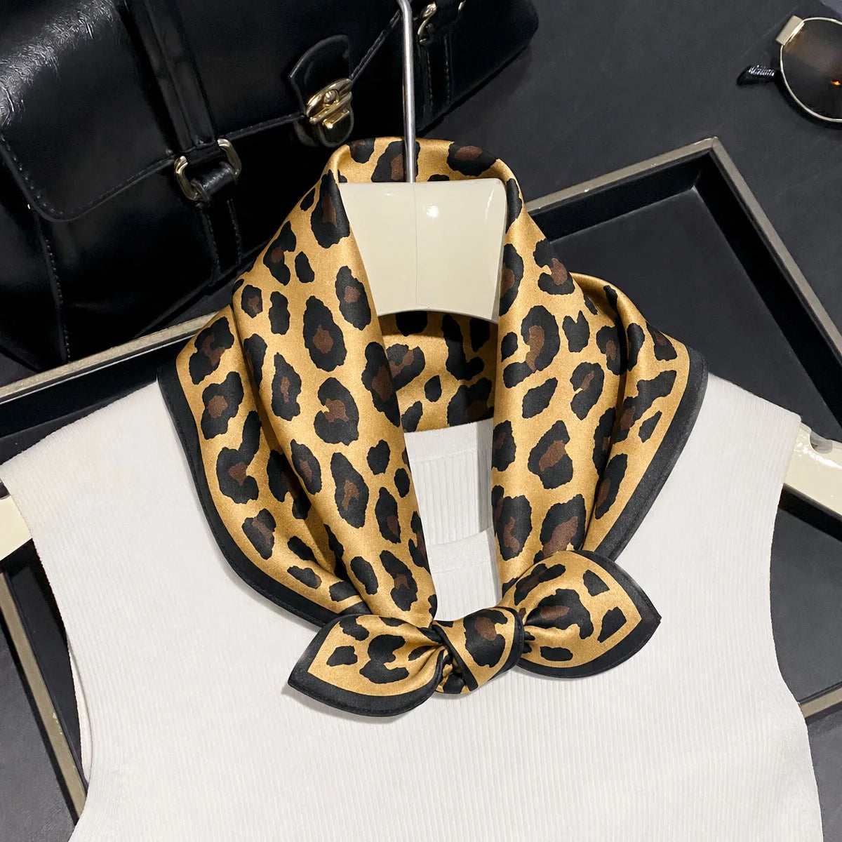 Damen Seidenschal 53cm Leopardprint quadratisch Luxus Hijab Bandana Stirnband