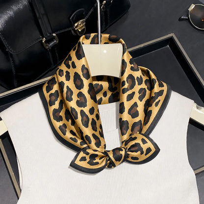 Damen Seidenschal 53cm Leopardprint quadratisch Luxus Hijab Bandana Stirnband