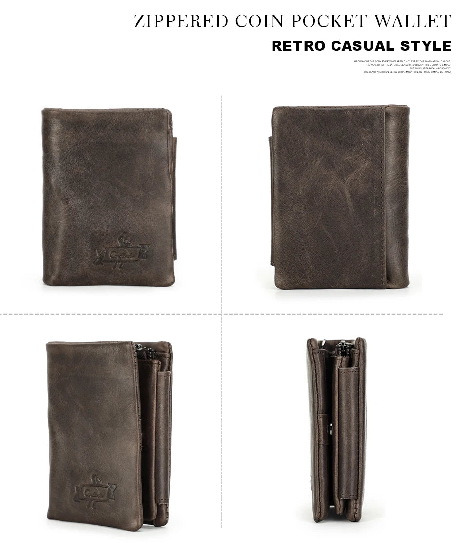 Herren Echtleder Geldbörse Vintage Trifold Haspe Reißverschluss Kartenhalter Geldclip