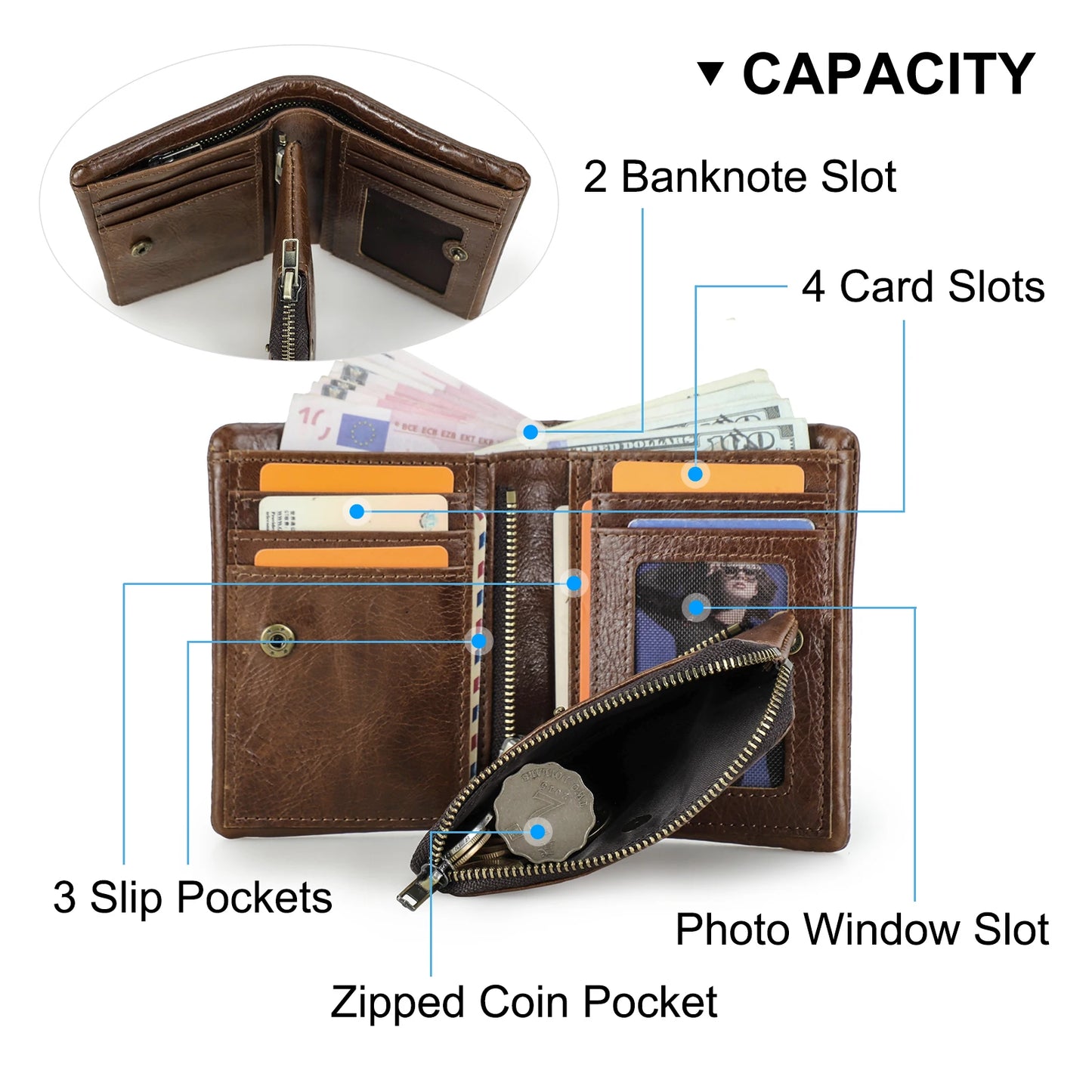 Herren Echtleder Geldbörse Bifold Vintage RFID Kartenhalter Münzfach Luxus Reise