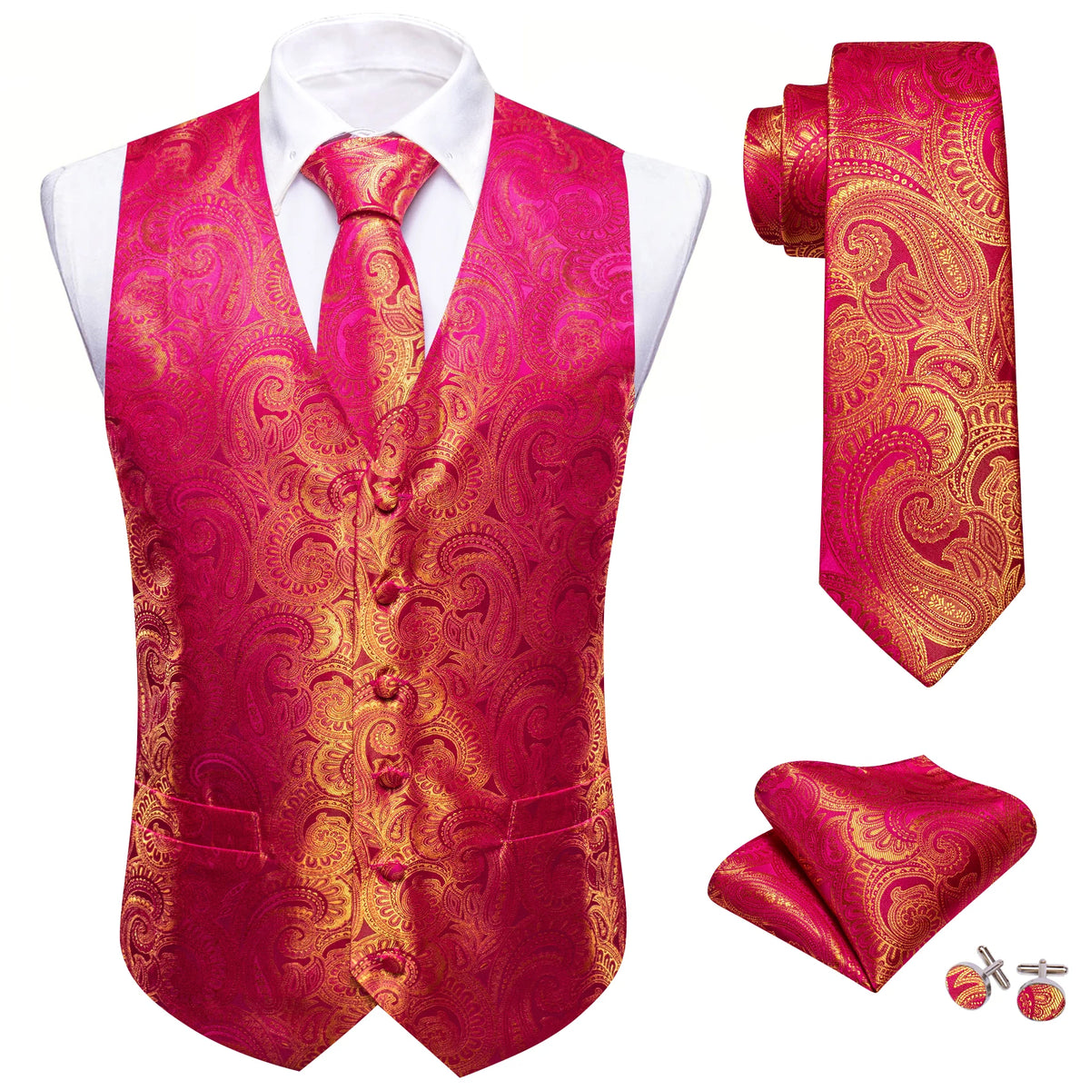 Fuchsiafarbene Herrenweste mit Gold-Ornamenten, Knopfleiste, passender Krawatte und Einstecktuch