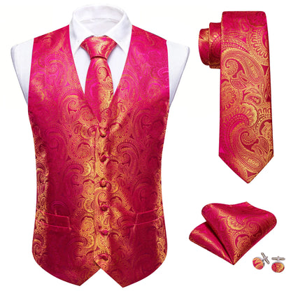 Herrenweste Jacquard in Pink mit goldenen Ornamenten, passender Krawatte und Einstecktuch