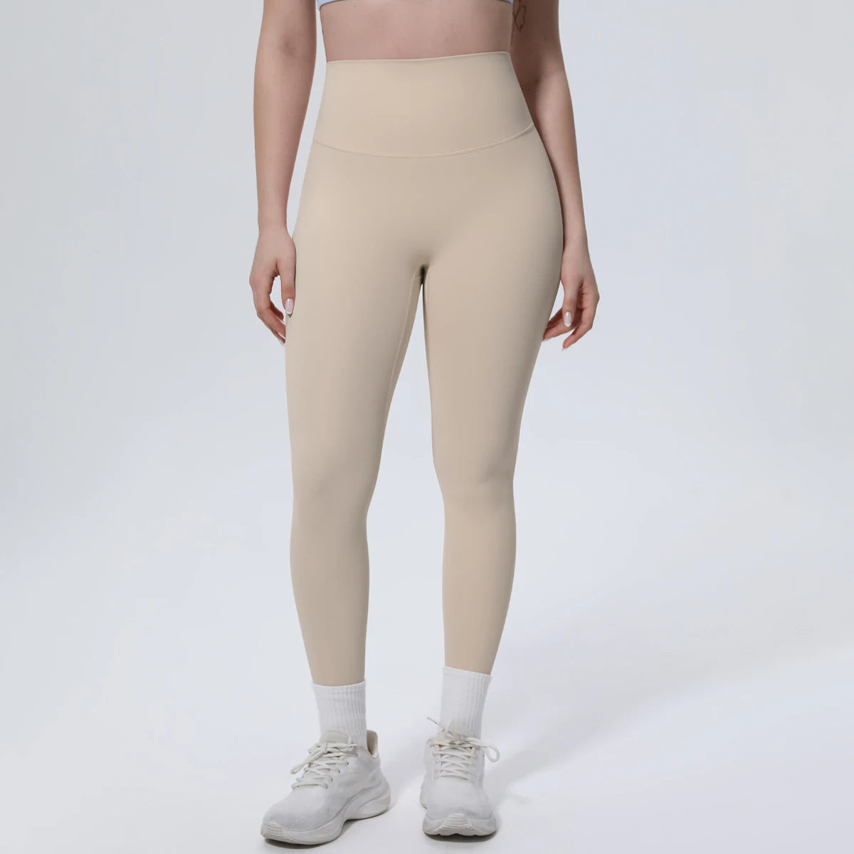 Yoga-Leggings mit hohem Bund, hellbeige, 3/4-Länge, eng anliegend