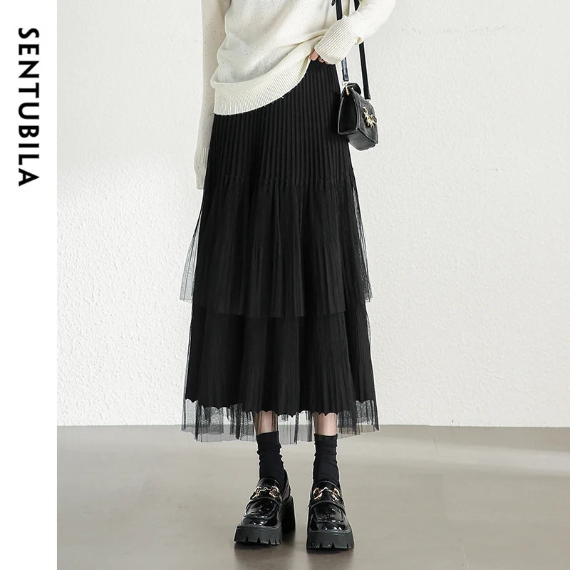 Damen A-Linien-Rock mit Plissee-Details im eleganten Patchwork-Mesh-Design