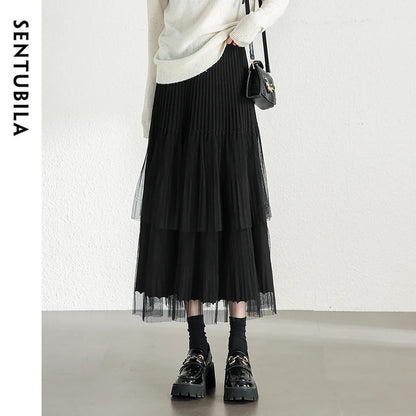 Damen A-Linien-Rock mit Plissee-Details im eleganten Patchwork-Mesh-Design