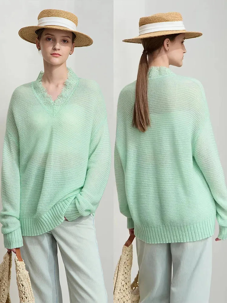 Damen V-Ausschnitt Pullover Mohair Spitze locker mittellang Frühling