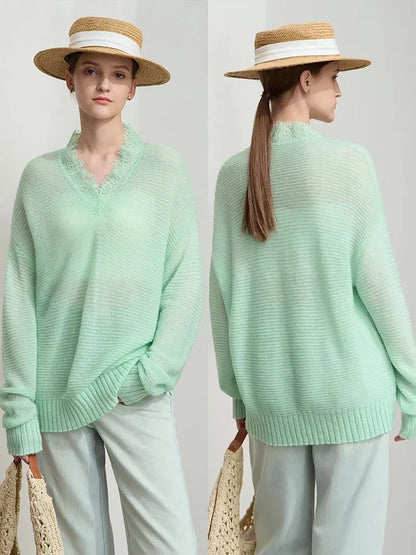 Damen V-Ausschnitt Pullover Mohair Spitze locker mittellang Frühling