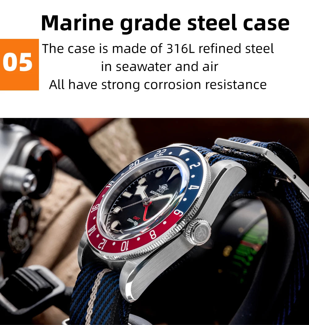 ADDIESDIVE TOP Men's Watches 20Bar Diving BGW9 Super Luminous AD2044 Swiss Ronda 515-24H GMT Watch Quartz Watch