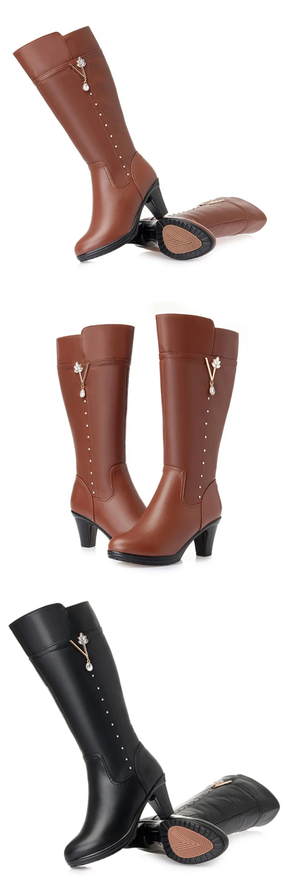 Kniehohe Damenstiefel: braun mit Blüten-Zieranhänger; zusätzlich schwarzes Paar.
