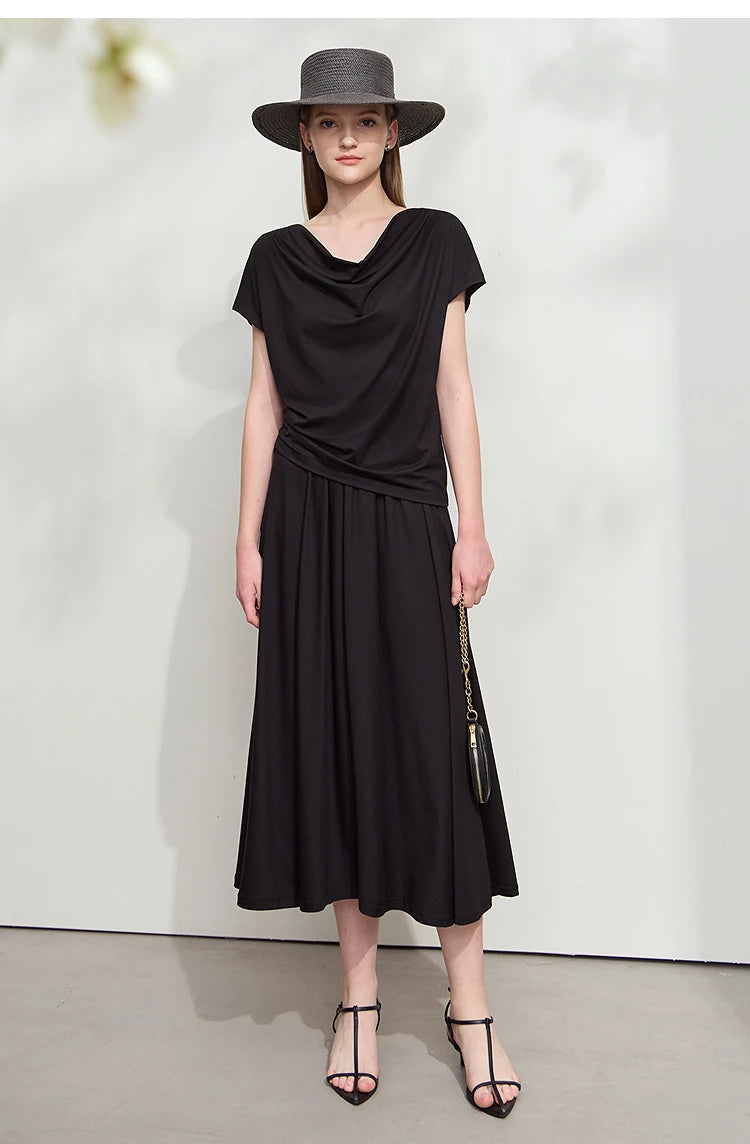 Damen T-Shirt-Rock Set mit solidem Swing-Kragen für den Sommer