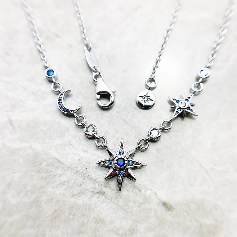 Damen-Halskette Stern und Mond Royalty Gliederkette aus Sterlingsilber