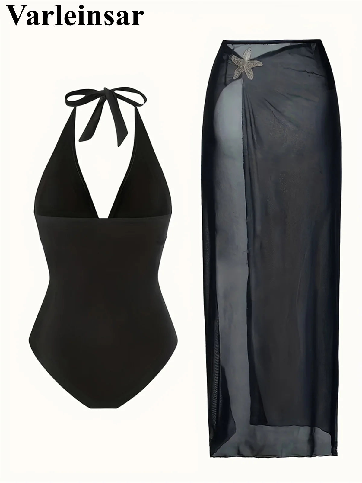 Damen Badeanzug Rock tiefer V-Ausschnitt Neckholder Seestern gepolstert Einteiler