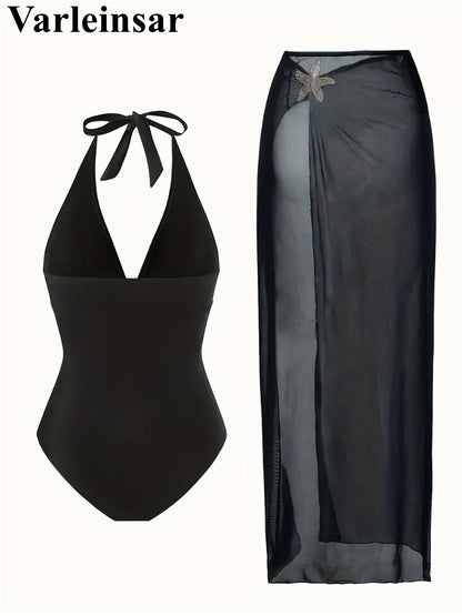 Damen Badeanzug Rock tiefer V-Ausschnitt Neckholder Seestern gepolstert Einteiler