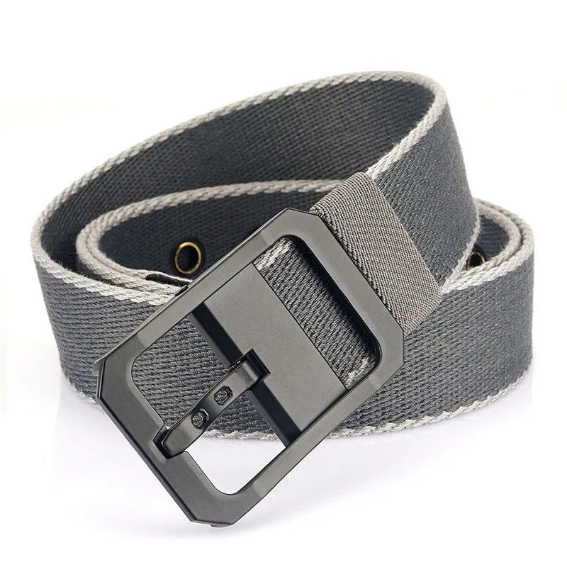 Unisex-Nylon-Gürtel in Grau mit hellem Kontrastrand, Metallschnalle aus Metall