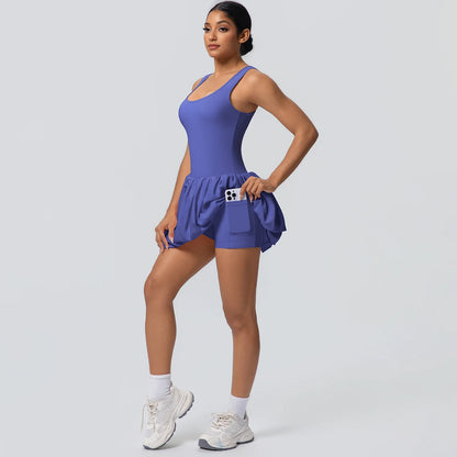Damen-Tennisrock mit Taschen, blau Faltenrock, kurzer Saum und elastischer Bund.