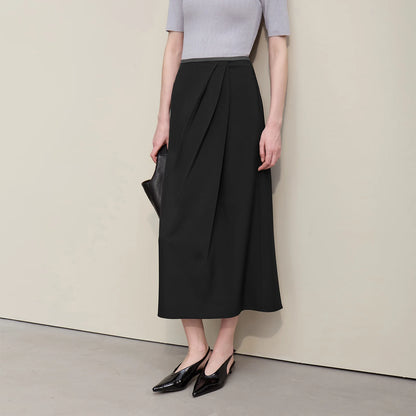 Damen-Plisserock Midi in Schwarz mit Falten und schmalem Bund, blickdicht