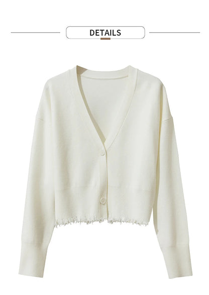 Damen-Strickjacke V-Ausschnitt kurz Quaste locker Langarm Herbst
