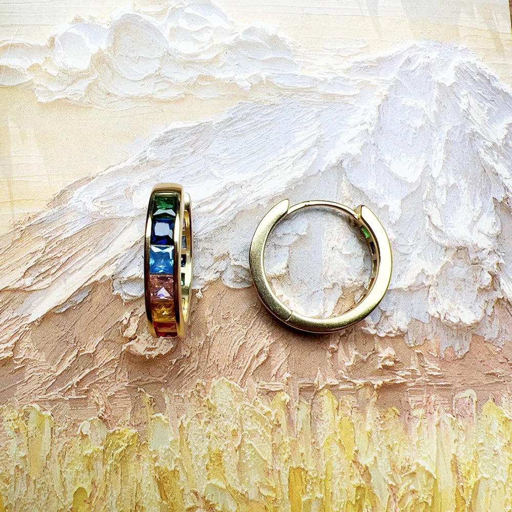 Damen-Creolen golden Scharnier Regenbogen funkelnd aus Sterlingsilber