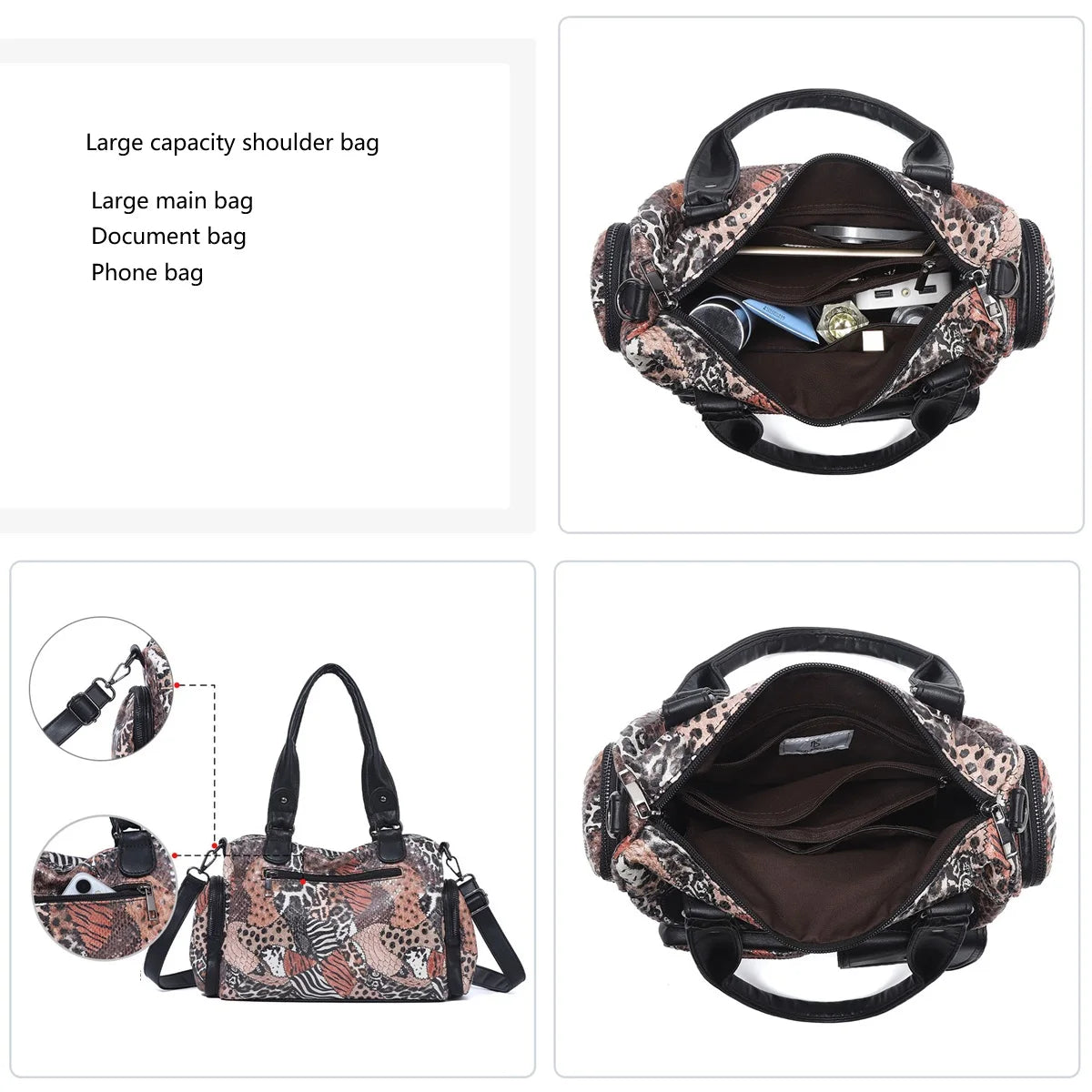 Damen-Satchel-Tasche Vintage-Schwarz Großes Fassungsvermögen Mit Abnehmbarem Tragegurt