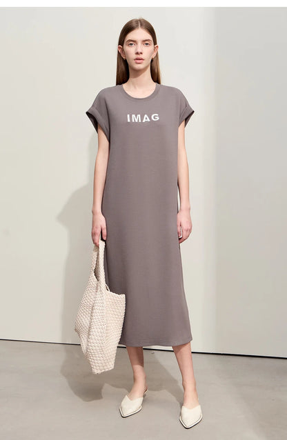 Damen Kleid für Sommer neue lässige O-Ausschnitt Kurzarm Midi gerade Perlen Stickerei Kleid Dame